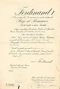 Certificate confirming that the Star of Romania was awarded to Ernesto Burzagli in the name of King Ferdinand I.