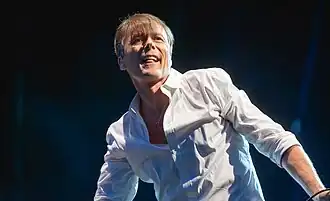 Anderson on stage with Suede in Audley End, 2024