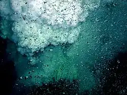 Bubbles of CO 2 in the foreground; droplets of liquid sulfur rise in the background