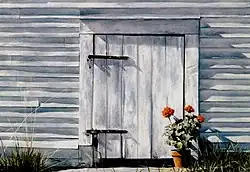 oil painting of a "lamb's door" from white barn, half sized door used to lead sheep in and out of barn
