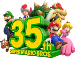 Anniversary logo, depicting (from left to right) a Goomba, Luigi, Toad, Bowser, Mario, and Princess Peach