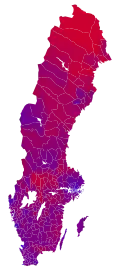 Votes by municipality as a scale from red/Red-green bloc to blue/Alliance for Sweden.