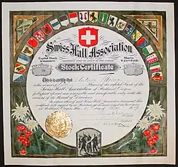 Stock certificate of the Swiss Hall Association, 1909