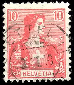 1907 Helvetia Brustbild 10c definitive — a classic engraved Swiss definitive designed by Charles L’Éplattenier.
