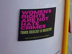 Posted with text: Women's rights are not hate crimes. Trans ideology is misogyny.#Women'sRightsAreHumanRights