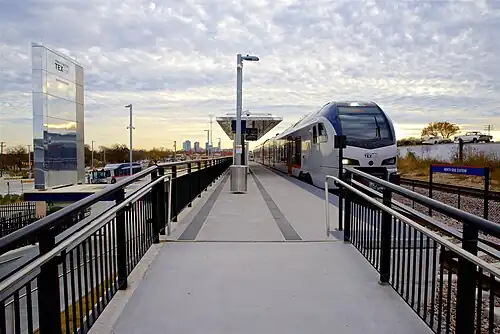 North Side station seen from the north end of the station. Downtown Fort Worth, Texas, which is south of the station, can be seen from the rail platform level.