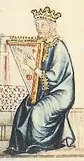 13th century, Spain, from the Codice Rico. A rotte with 15 strings visible.