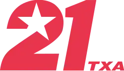 A red italic "21" in a sans serif. The top counter of the 2 is cut to feature a star shape integrated into the design. The letters "TXA", also italicized and in a sans serif, are in smaller text to the lower right.