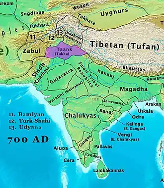 Taank Kingdom shown in violet in the north of the Indian subcontinent circa 700 AD.