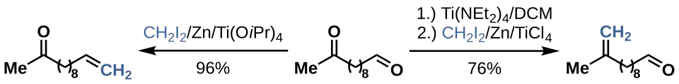 Takai reported conditions which allowed the inversion of the default chemoselectivity of the reaction to allow for selective methylenation of ketones over aldehydes through the use of pretreatment with titanium diethylamide.