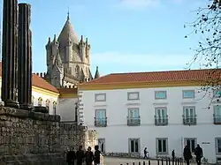 Partial view of Évora's Roman temple, with the city's cathedral in the background