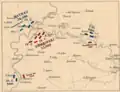 The Battle of Szőreg. The situation on the wider battlefield before the battle. Red - the Austrian troops, Blue - the Hungarian troops. Green - the Russian troops.