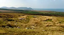 The Behy court tomb looking west across Broadhaven Bay. The capstone of the chamber is visible; however, the majority of the monument is buried beneath a layer of peat.