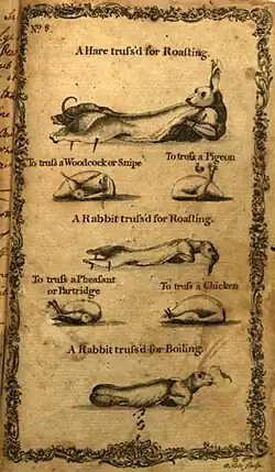 Illustration showing meats prepared for cooking; meats include hare, rabbit, woodcock or snipe, pigeon, partridge and chicken