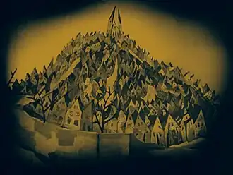 A sepia-tinted drawing of a city landscape, with several tilted buildings packed tightly together in sharp angles on a steep hill.