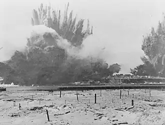 A still taken from the 'Destruction of Heligoland Defenses' on 18 April 1947 - an Admiralty documentary film processed for scientific purposes. This was one of the largest artificial non-nuclear explosions