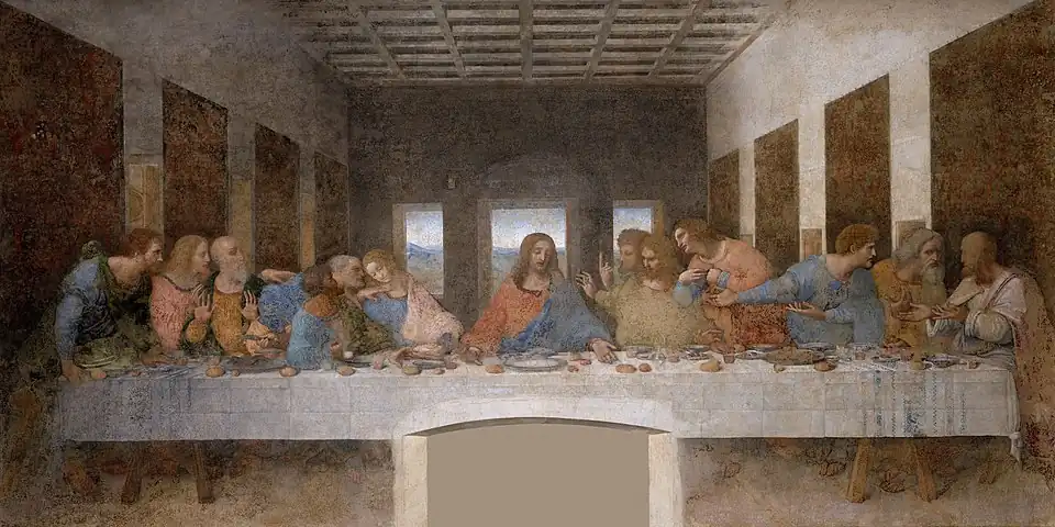 image of painting by Leonardo Da Vinci with Jesus seated at a long table surrounded by his 12 apostles having his last meal before death
