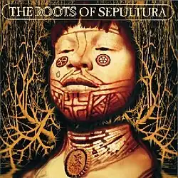 The focus of the cover is the bust of an Amazonian tribesman with native-style facial tattoos and a large number of bead necklaces including one with a pendant of the band's "S"-shaped logo. The tattoos are mostly line based with bilateral symmetry but there are two circular designs below the eyes and another ring-like design below his right eye. The necklaces have the same design which consists of mostly white beads but occasionally a green or red bead with black beads adjacent. The bust is actually split in two as the man's neck is transparent, allowing the background to be seen, which consists of a network of arteries in light orange on a black background. The words "THE ROOTS OF SEPULTURA" appear at the top in an uppercase font surrounded by a rectangle with rounded corners. The word "ROOTS" is in outline font instead of filled.
