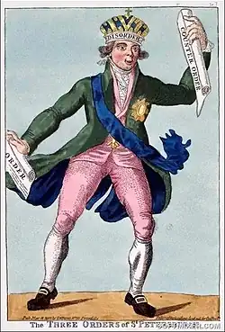 Caricature of a man holding three orders: order, counter-order and disorder