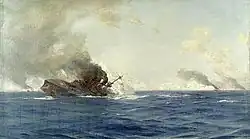 A large dark gray warship burning furiously rolls over