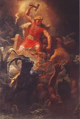 Image 57Thor's Fight with the Giants (1872) by Mårten Eskil Winge. Thor is the god of thunder in Norse mythology. (from Myth)