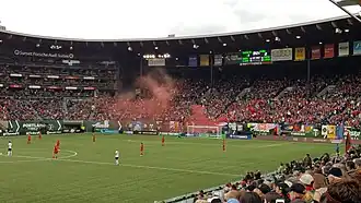 Fans celebrating after a goal in Portland, Oregon.