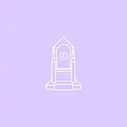 A throne with a heart emblazoned on it on a purple background.