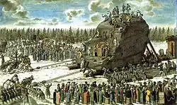 The Transportation of the Thunder-stone in the Presence of Catherine II. Engraving by I.F.Schley of the drawing by Yury Felten. 1770.
