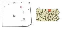 Location of Tioga in Tioga County, Pennsylvania.