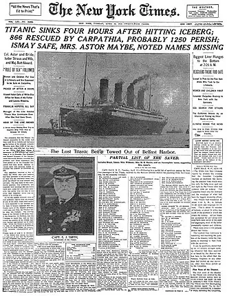 The episode references the front page of The New York Times on April 15, 1912, reporting the sinking of the RMS Titanic.