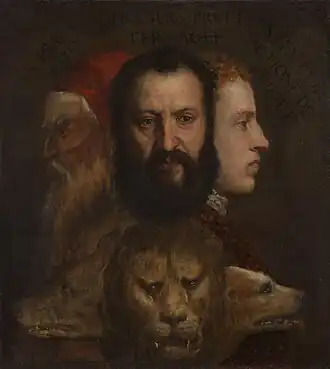 Titian, Allegory of Prudence (c.  1565–1570): The three human heads symbolise past, present and future, the characterisation of which is furthered by the triple-headed beast (wolf, lion, dog), girded by the body of a big snake.