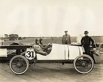 Tom McKelvey in his Overland race car before the 1915 American Grand Prize at San Francisco