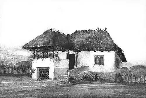 Watercolor by Toma T. Socolescu - Old house in Ploiești as it existed until the early XXth century}.