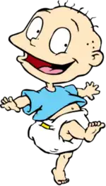 A cartoon illustration of a baby wearing a blue shirt