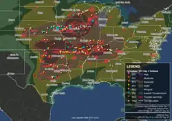A map of the United States plotting tornado warnings and confirmed tornadoes during the May 19–27 period