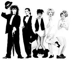 Toto Coelo c. 1983. Left to right: Sheen Doran, Ros Holness, Anita Mahadevan, Lacey Bond, Lindsey Danvers