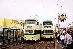 English Electric Balloon tram No. 712 and Millennium tram No. 707 at Sandcastle Water Park in July 1998