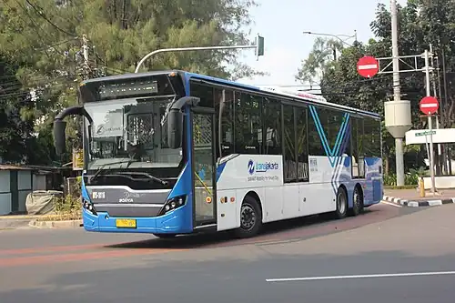 Blue and White bus