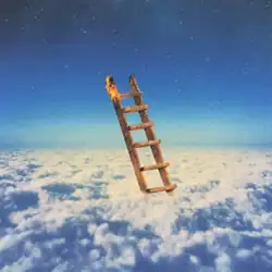 Field of white clouds in the foreground with a wooden ladder towering over, small flame starting from the top, vibrant blue sky with stars in the background