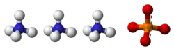 Ball-and-stick model of three ammonium cations and one phosphate anion