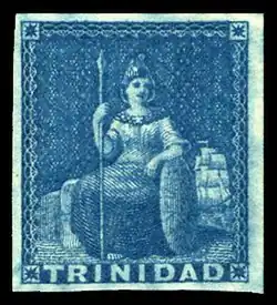 An unused Trinidad key type stamp showing Britannia