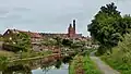 Tulketh Mill and its chimney, as seen from the Lancaster Canal
