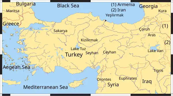 Map of Turkey showing major rivers