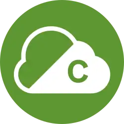 White cloud symbol with a letter C, on a light green circle