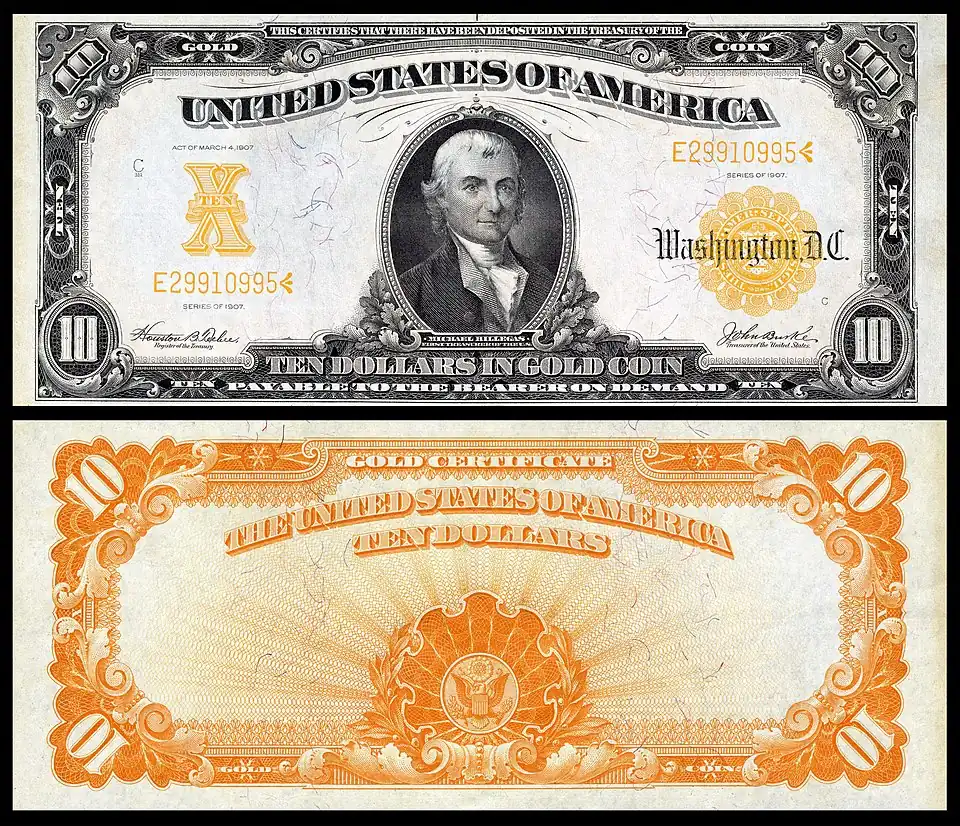 $10 Gold Certificate, Series 1907, Fr.1172, depicting Michael Hillegas