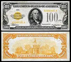 $100 Gold Certificate, Series 1934, Fr.2406, depicting Benjamin Franklin