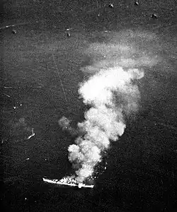 Columbia burning after the kamikaze strikes