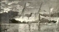 Black-and-white depiction of a sidewheel steamer ramming another ship. The crew of the ship being rammed is firing a cannon towards the ramming ship.