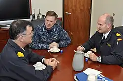 (VCNO) Adm. Mark Ferguson, center, meets with Spanish navy Vice Adm. Juan Rodriguez-Garat, left, and Spanish navy Rear Adm. Juan Ruiz-Casas at Naval Station Rota
