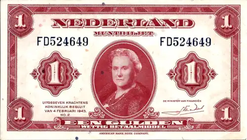 Dutch banknote. In the center is an oval portrait of an elderly woman. Legend on the bottom says "Een Gulden" (One Guilder / Legal Tender). Uitgegeven Krachtens Koninklijk Besluit van Februai 1943, no. 2" (Issued pursuant to Royal Decree of February 1943, No. 2). American Bank Note Company" is printed in small letters on the bottom margin.